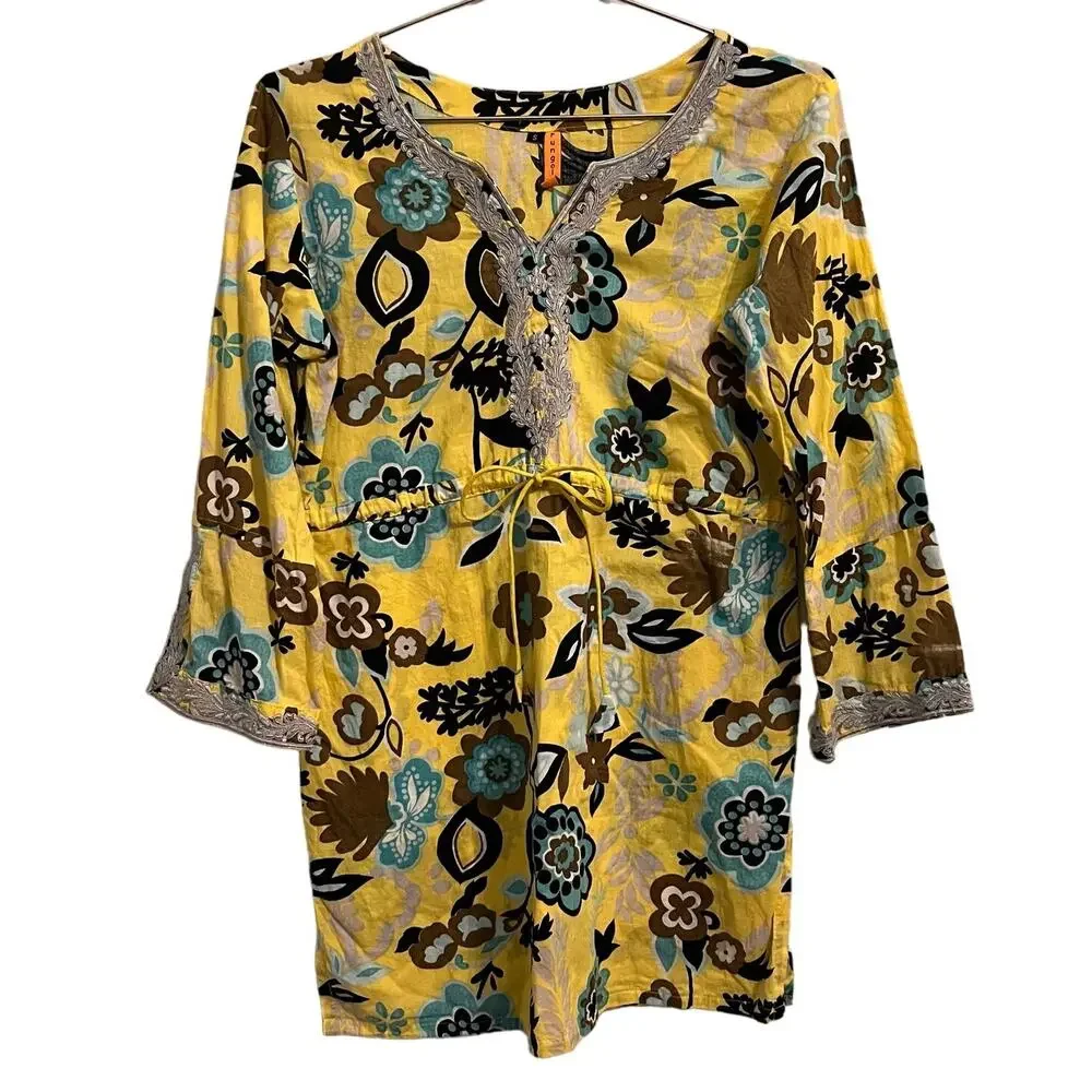 Rungolee Womens Yellow & Blue Floral 3/4 Sleeve Beach Cover Up S